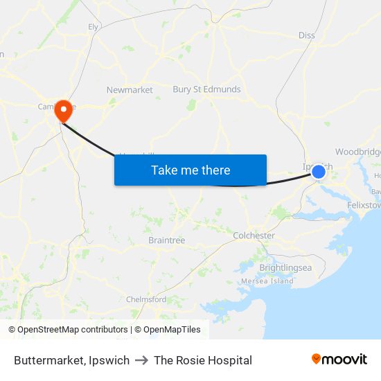 Buttermarket, Ipswich to The Rosie Hospital map