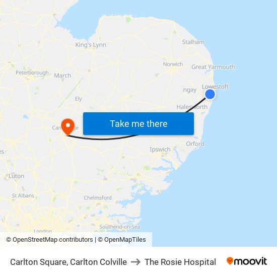 Carlton Square, Carlton Colville to The Rosie Hospital map