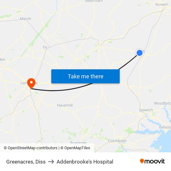 Greenacres, Diss to Addenbrooke's Hospital map