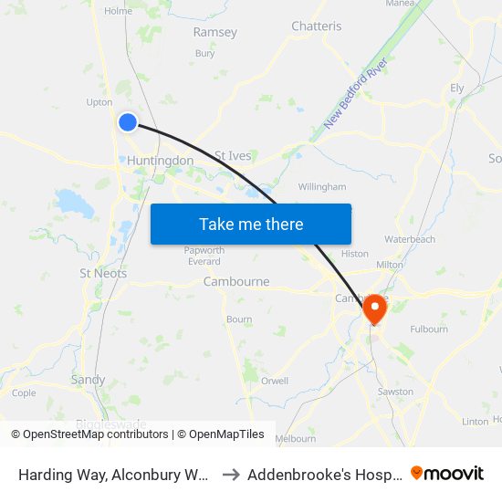 Harding Way, Alconbury Weald to Addenbrooke's Hospital map
