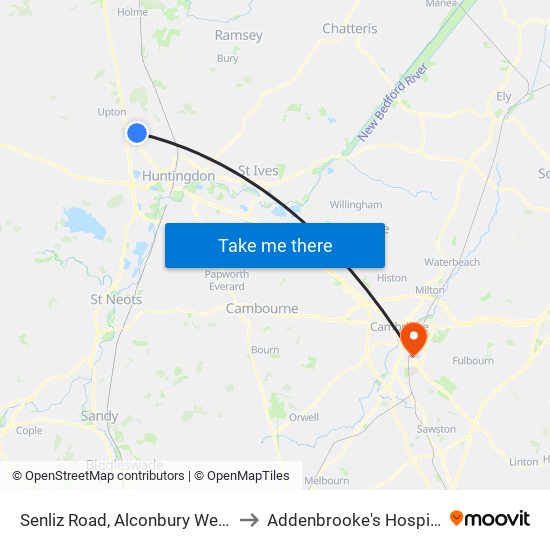 Senliz Road, Alconbury Weald to Addenbrooke's Hospital map