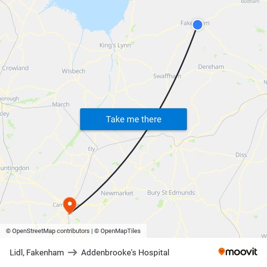 Lidl, Fakenham to Addenbrooke's Hospital map