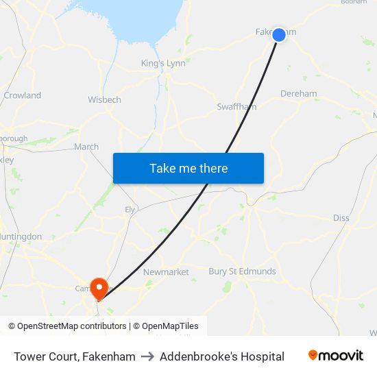 Tower Court, Fakenham to Addenbrooke's Hospital map