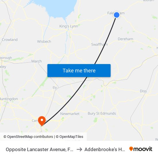 Opposite Lancaster Avenue, Fakenham to Addenbrooke's Hospital map