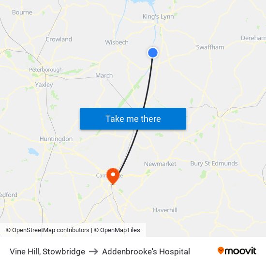 Vine Hill, Stowbridge to Addenbrooke's Hospital map