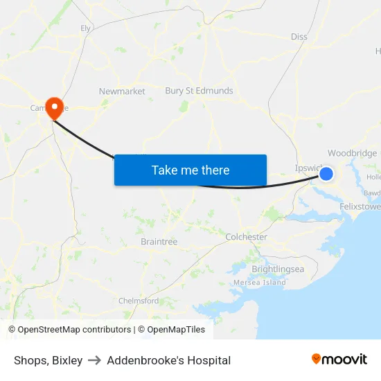 Shops, Bixley to Addenbrooke's Hospital map