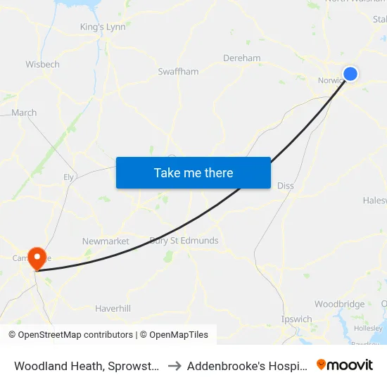 Woodland Heath, Sprowston to Addenbrooke's Hospital map