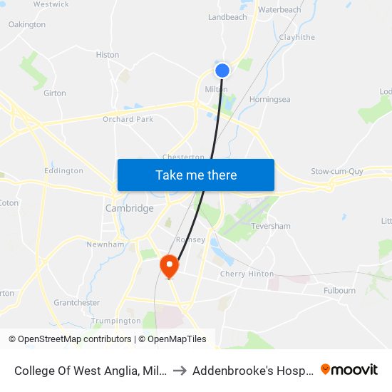 College Of West Anglia, Milton to Addenbrooke's Hospital map