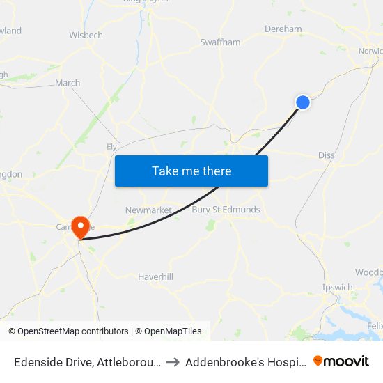 Edenside Drive, Attleborough to Addenbrooke's Hospital map