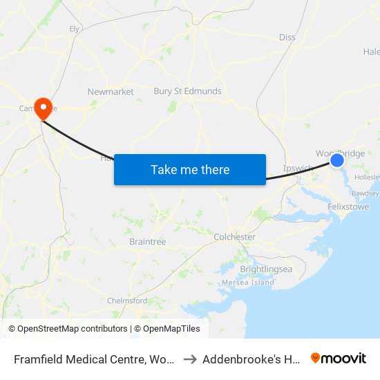 Framfield Medical Centre, Woodbridge to Addenbrooke's Hospital map