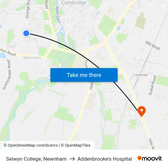 Selwyn College, Newnham to Addenbrooke's Hospital map