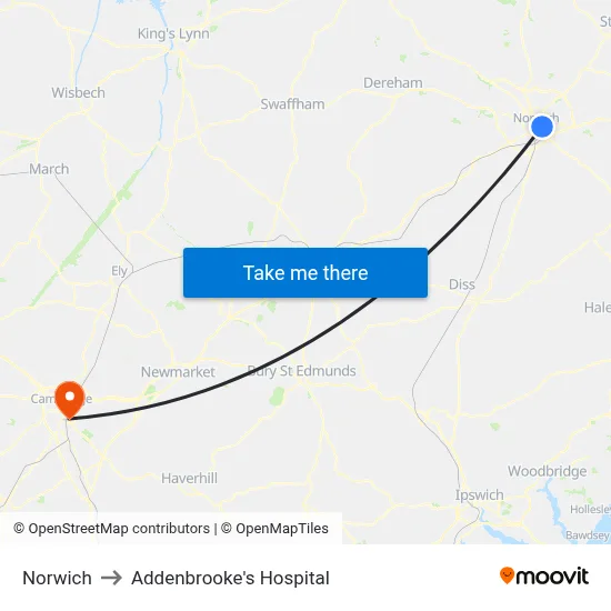 Norwich to Addenbrooke's Hospital map