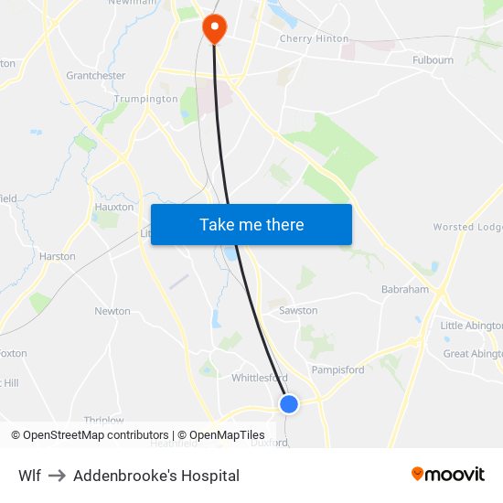 Wlf to Addenbrooke's Hospital map