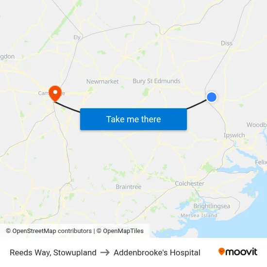 Reeds Way, Stowupland to Addenbrooke's Hospital map