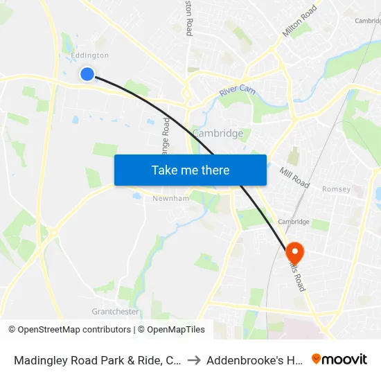 Madingley Road Park & Ride, Cambridge to Addenbrooke's Hospital map