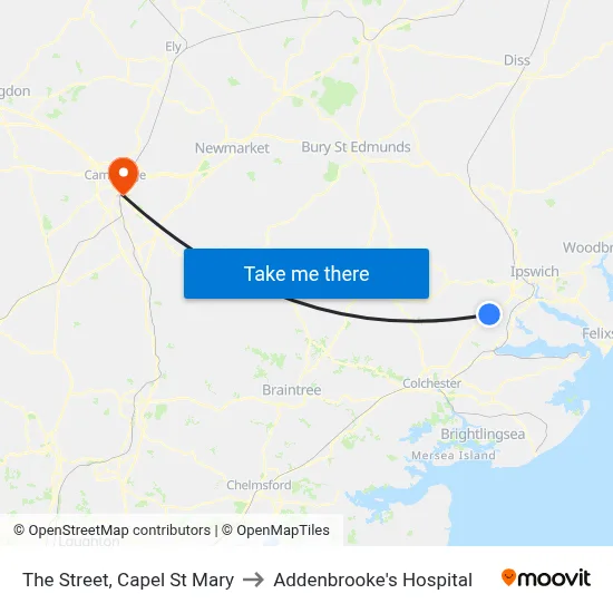 The Street, Capel St Mary to Addenbrooke's Hospital map