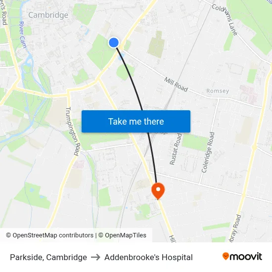 Parkside, Cambridge to Addenbrooke's Hospital map