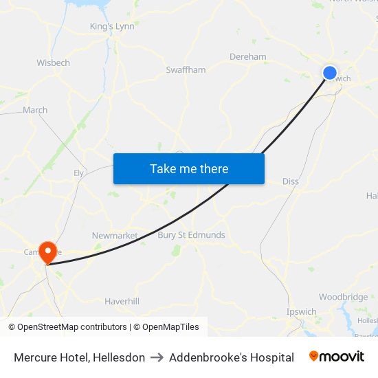 Mercure Hotel, Hellesdon to Addenbrooke's Hospital map