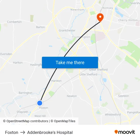 Foxton to Addenbrooke's Hospital map