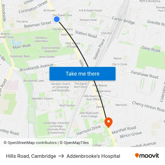 Hills Road, Cambridge to Addenbrooke's Hospital map
