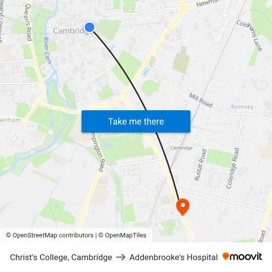 Christ's College, Cambridge to Addenbrooke's Hospital map