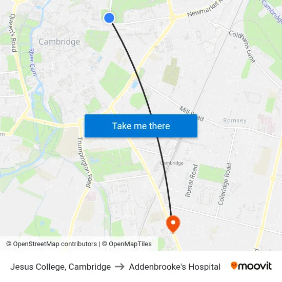 Jesus College, Cambridge to Addenbrooke's Hospital map