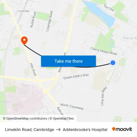 Limekiln Road, Cambridge to Addenbrooke's Hospital map