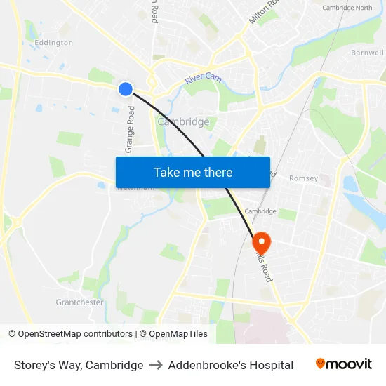 Storey's Way, Cambridge to Addenbrooke's Hospital map