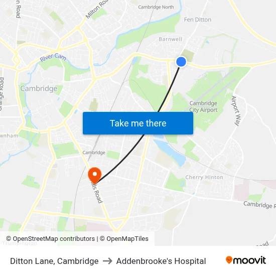 Ditton Lane, Cambridge to Addenbrooke's Hospital map