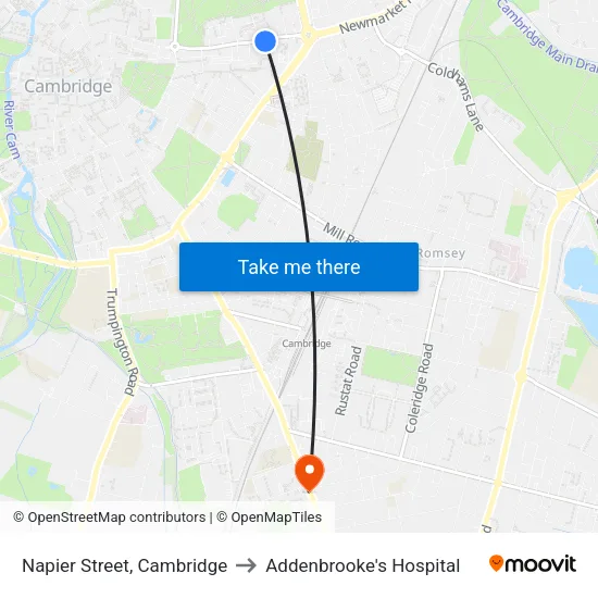 Napier Street, Cambridge to Addenbrooke's Hospital map