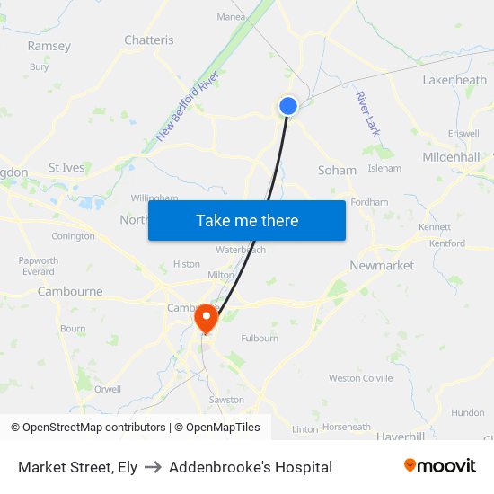 Market Street, Ely to Addenbrooke's Hospital map