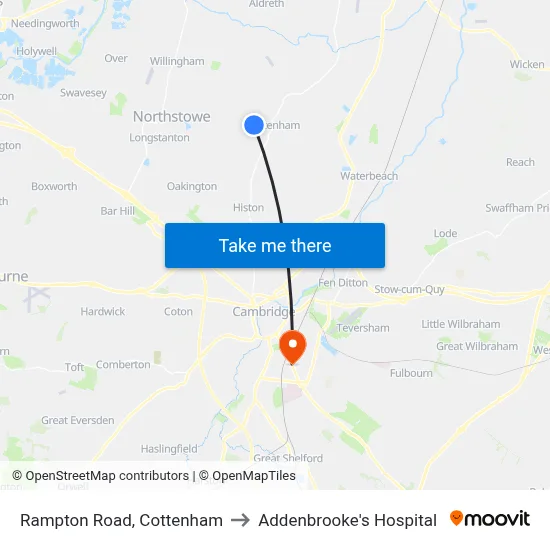 Rampton Road, Cottenham to Addenbrooke's Hospital map