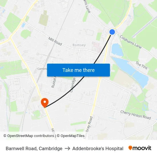 Barnwell Road, Cambridge to Addenbrooke's Hospital map
