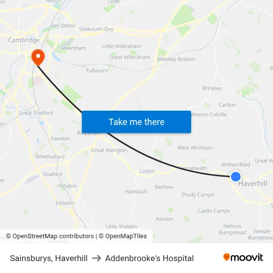 Sainsburys, Haverhill to Addenbrooke's Hospital map