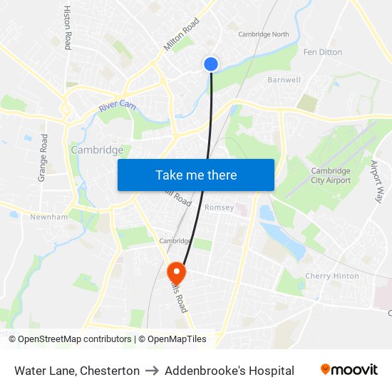 Water Lane, Chesterton to Addenbrooke's Hospital map