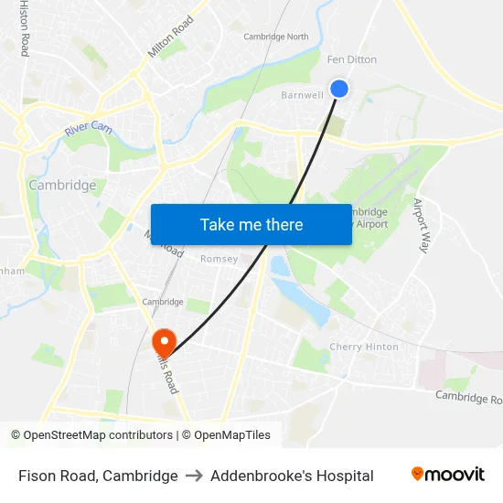Fison Road, Cambridge to Addenbrooke's Hospital map