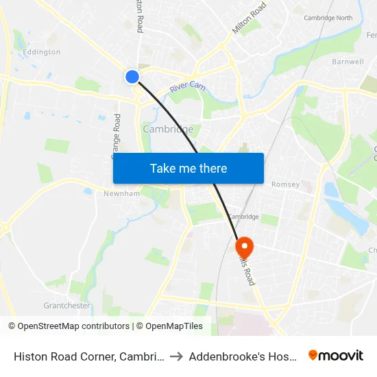 Histon Road Corner, Cambridge to Addenbrooke's Hospital map