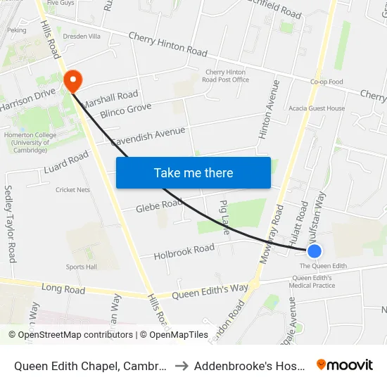 Queen Edith Chapel, Cambridge to Addenbrooke's Hospital map