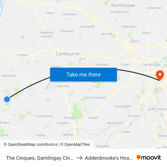 The Cinques, Gamlingay Cinques to Addenbrooke's Hospital map