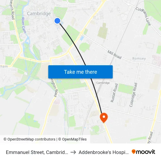 Emmanuel Street, Cambridge to Addenbrooke's Hospital map