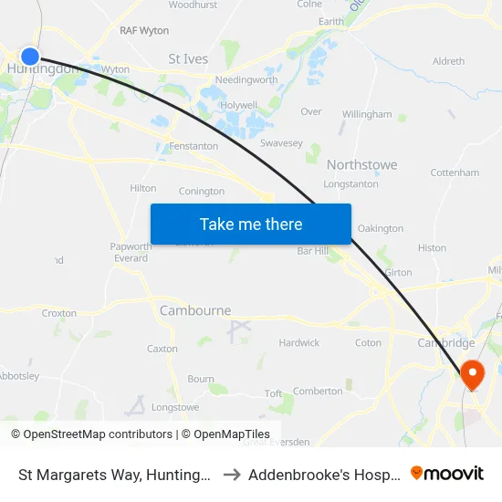 St Margarets Way, Huntingdon to Addenbrooke's Hospital map