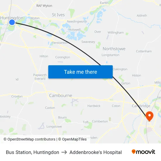Bus Station, Huntingdon to Addenbrooke's Hospital map