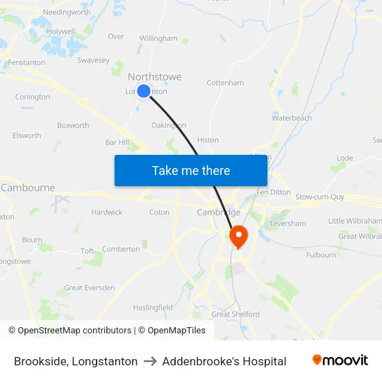 Brookside, Longstanton to Addenbrooke's Hospital map
