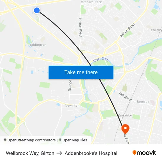 Wellbrook Way, Girton to Addenbrooke's Hospital map