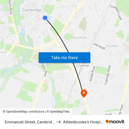 Emmanuel Street, Cambridge to Addenbrooke's Hospital map
