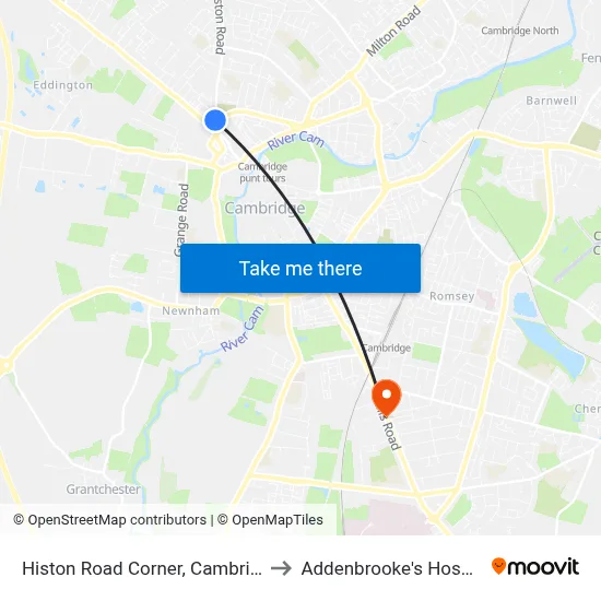 Histon Road Corner, Cambridge to Addenbrooke's Hospital map