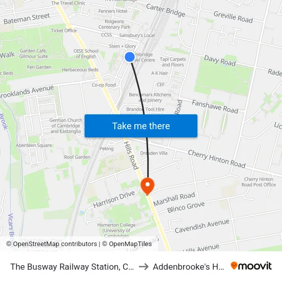 The Busway Railway Station, Cambridge to Addenbrooke's Hospital map