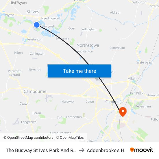 The Busway St Ives Park And Ride, St Ives to Addenbrooke's Hospital map