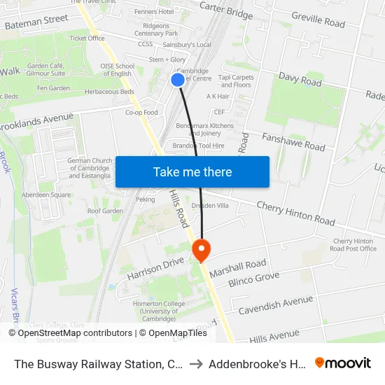 The Busway Railway Station, Cambridge to Addenbrooke's Hospital map