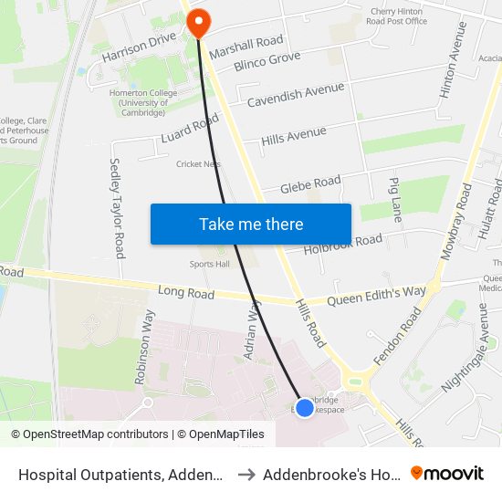 Hospital Outpatients, Addenbrookes to Addenbrooke's Hospital map